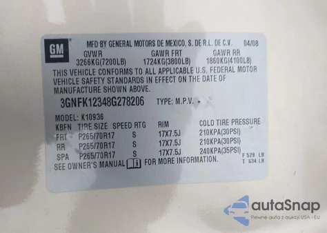 2008 Chevrolet Avalanche 1500 Lt z USA, uszkodzony, nr VIN 3GNFK12348G278206